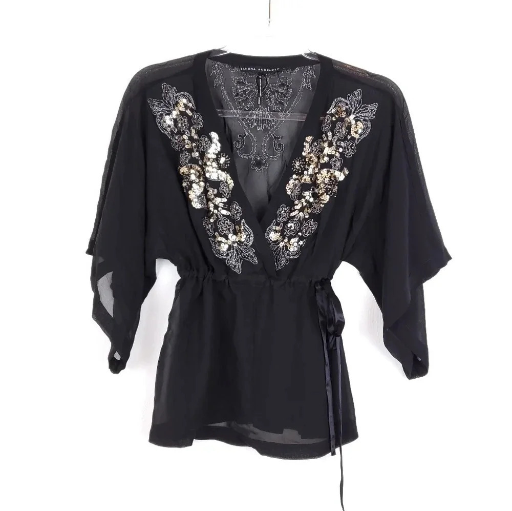 Sandra Angelozzi Silk empire waist, tie waist sheer Beaded blouse